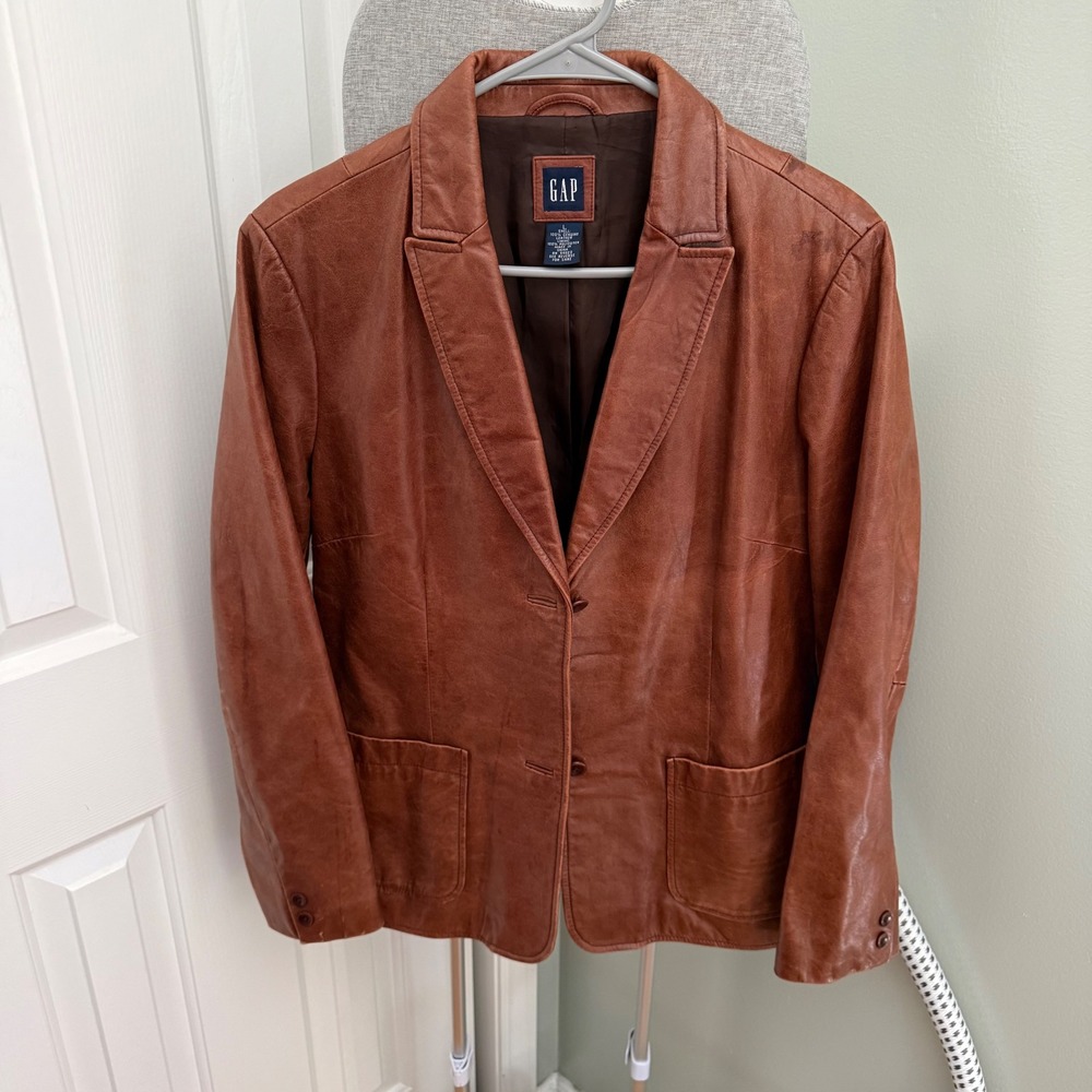 Vintage GAP Brown Leather Blazer L Y2K Jacket Minimalist Fall Gilmore Girls